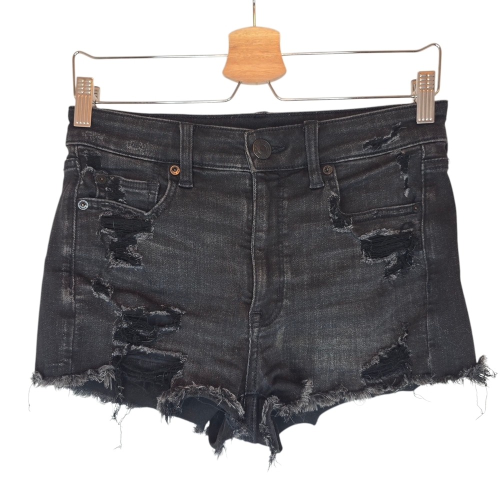 AMERICAN EAGLE Black Distressed Jean Shorts Thrashed Cut Out Denim Sz 6 Punk‎
